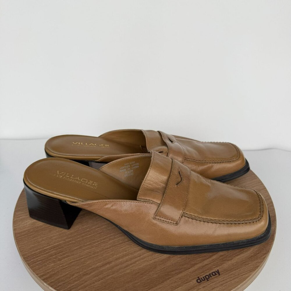 Villager San Jose Slide Womens Tan Leather‎ 90's Minimal Block Heel Loafers 8.5M